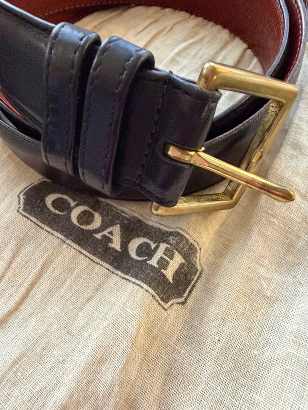 Coach Men's Black Leather Belt with Gold Buckle